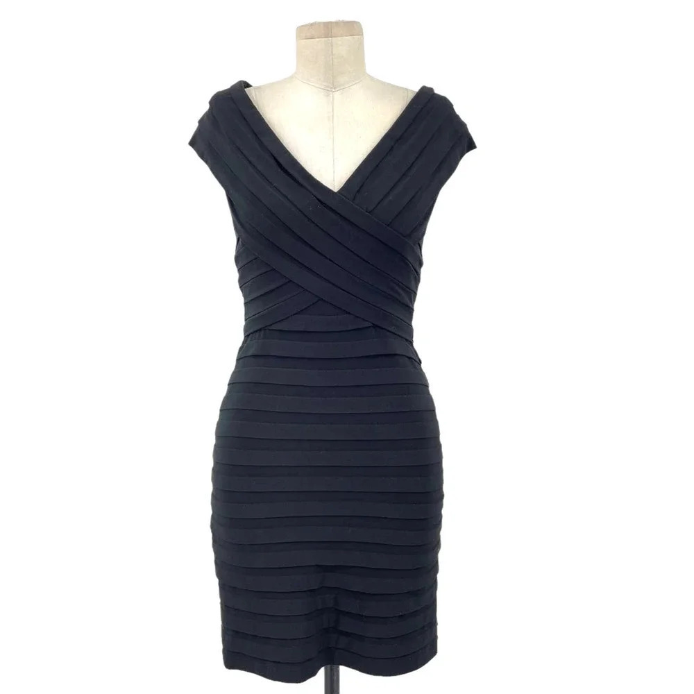 Tadashi Shoji Black Tiered Pleated Shirred Bodycon‎ Mini Dress Size XS